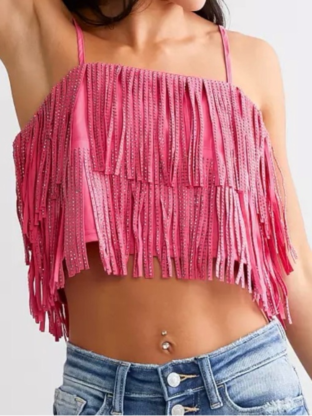 NWT Hot Pink Rhinestone Fringe Crop Top Western Glam Cowgirl Festival Top Medium